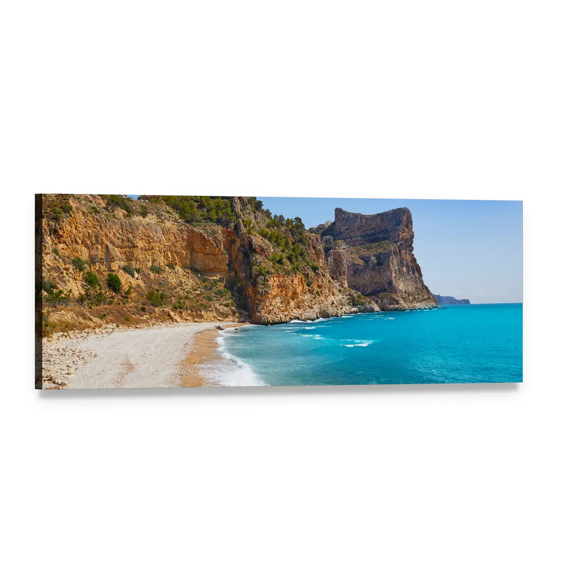 Sandy Beach with Turquoise Ocean and Cliffs Panoramic Canvas Wall Art, single panel gallery wrapped canvas, angled product view