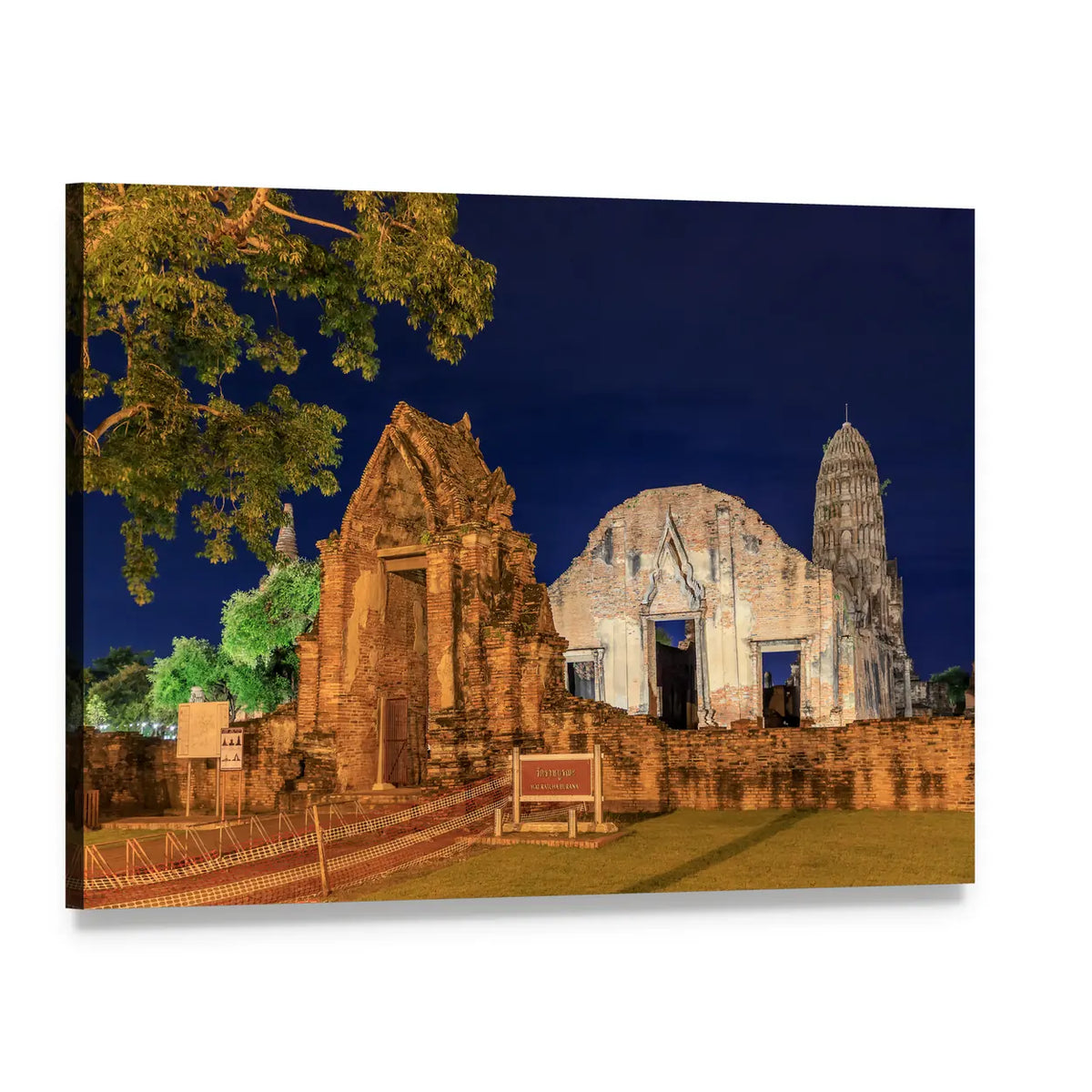 Wat Ratburana Temple at Night Canvas Wall Art, single panel gallery wrapped canvas, angled product view