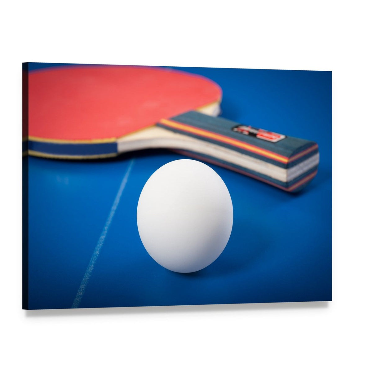 Table Tennis Ball and Racket Canvas Wall Art, single panel gallery wrapped canvas, angled product view