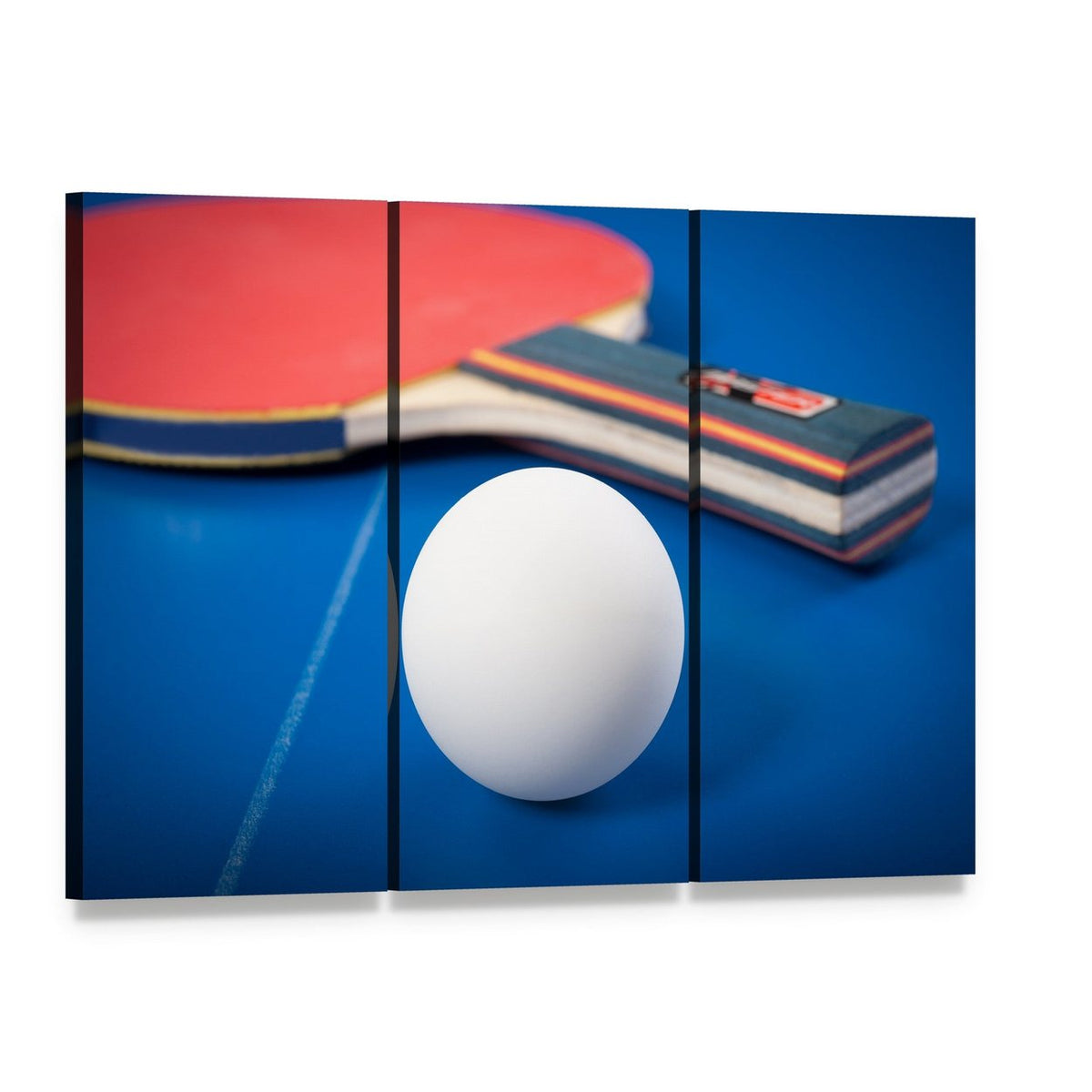 Table Tennis Ball and Racket Canvas Wall Art, 3 panel 3 Horizontal layout gallery wrapped canvas set, angled product view