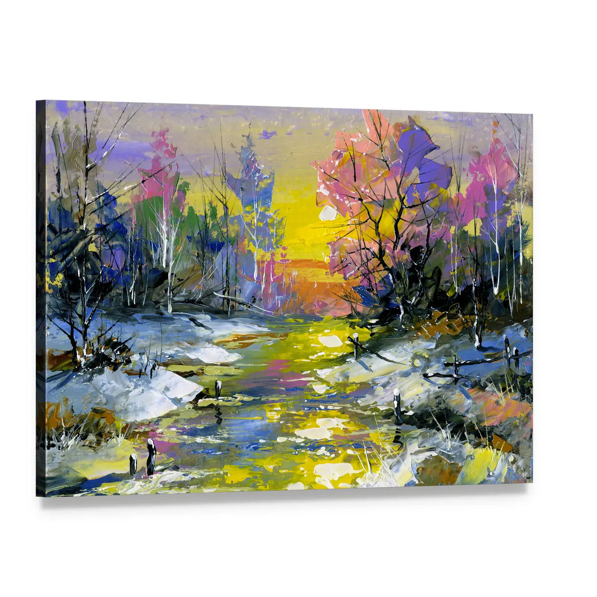 Winter Sunset River in Snowy Forest Canvas Wall Art, single panel gallery wrapped canvas, angled product view