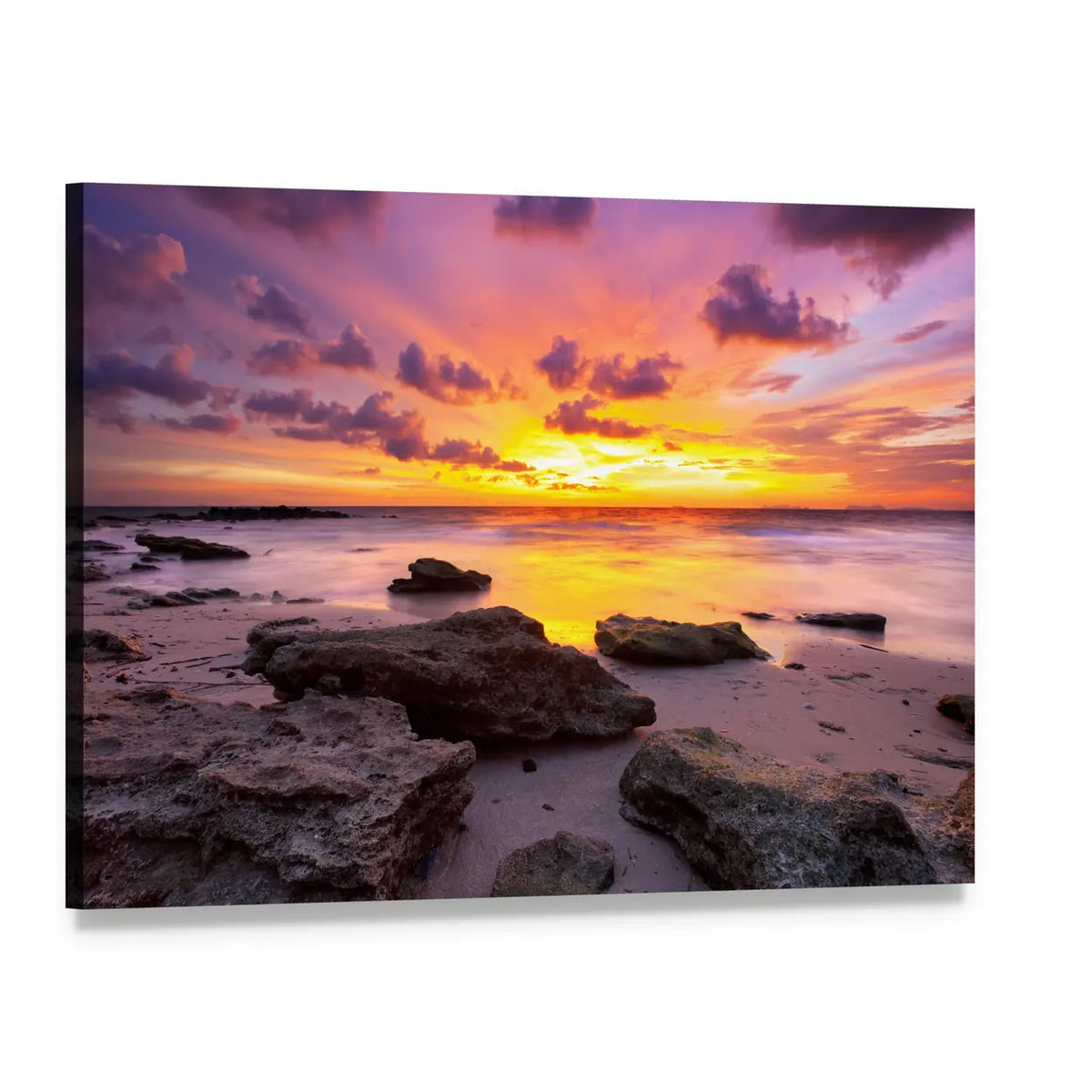 Tropical Sunset Over Rocky Beach Canvas Wall Art, single panel gallery wrapped canvas, angled product view