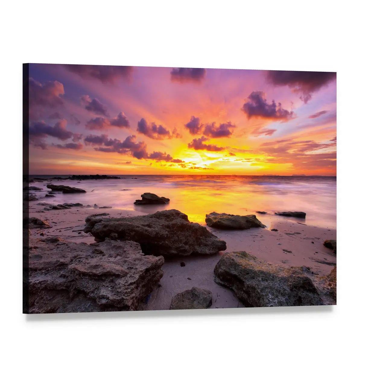 Tropical Sunset Over Rocky Beach Canvas Wall Art, single panel gallery wrapped canvas, angled product view