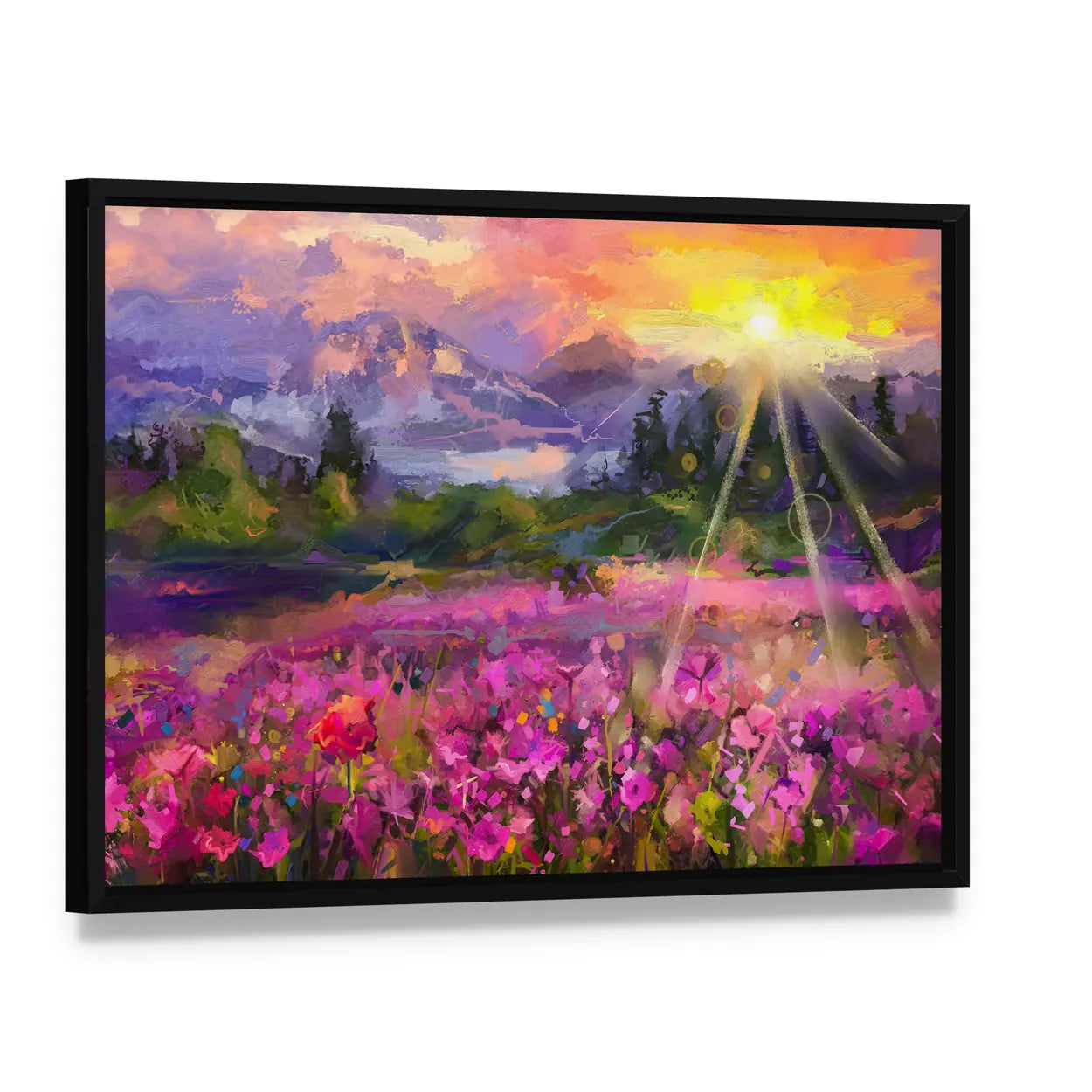 Purple Cosmos Meadow at Golden Hour Canvas Wall Art, framed canvas in a black floater frame, angled product view