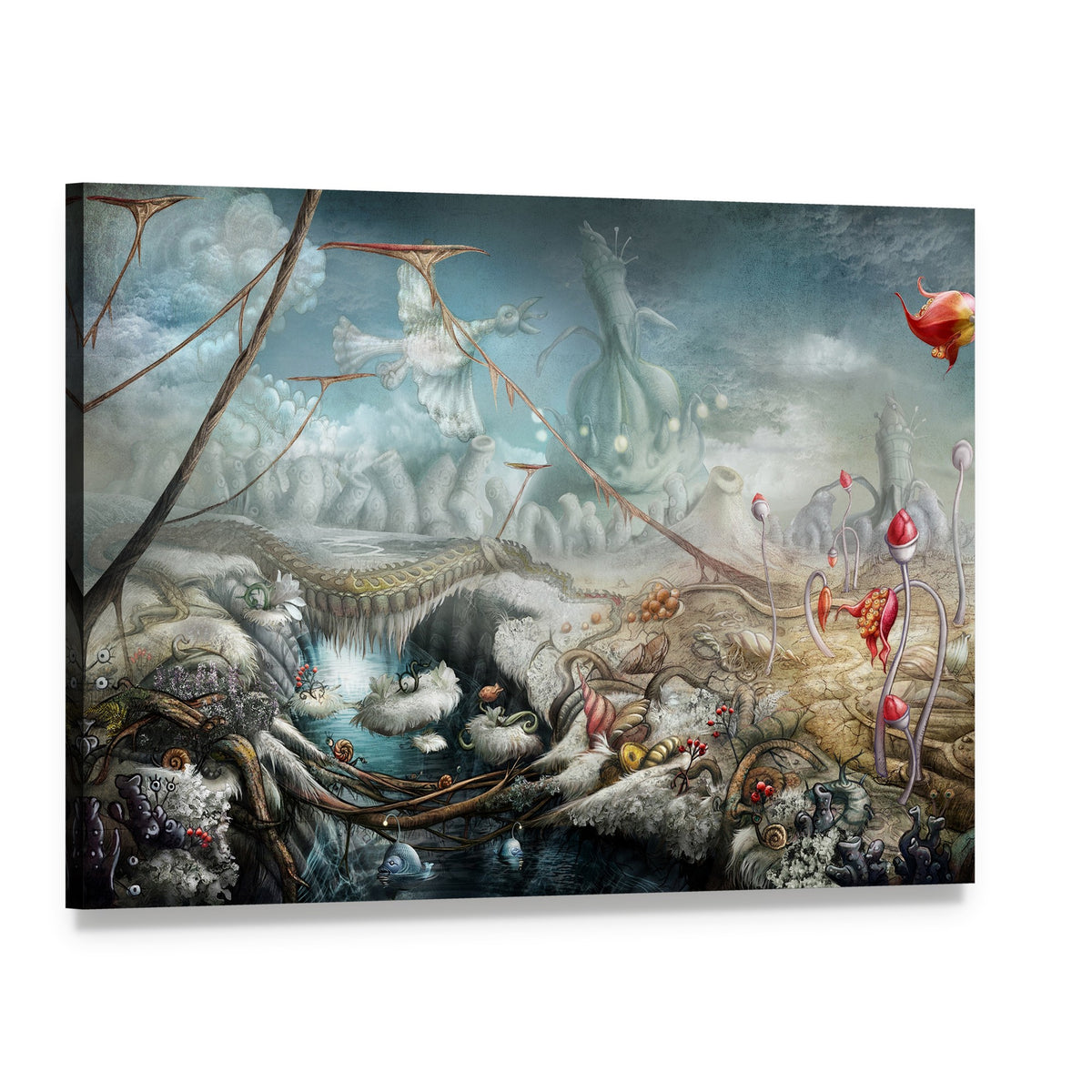 Surreal Lake with Flowers and Mythical Creatures Canvas Wall Art, single panel gallery wrapped canvas, angled product view