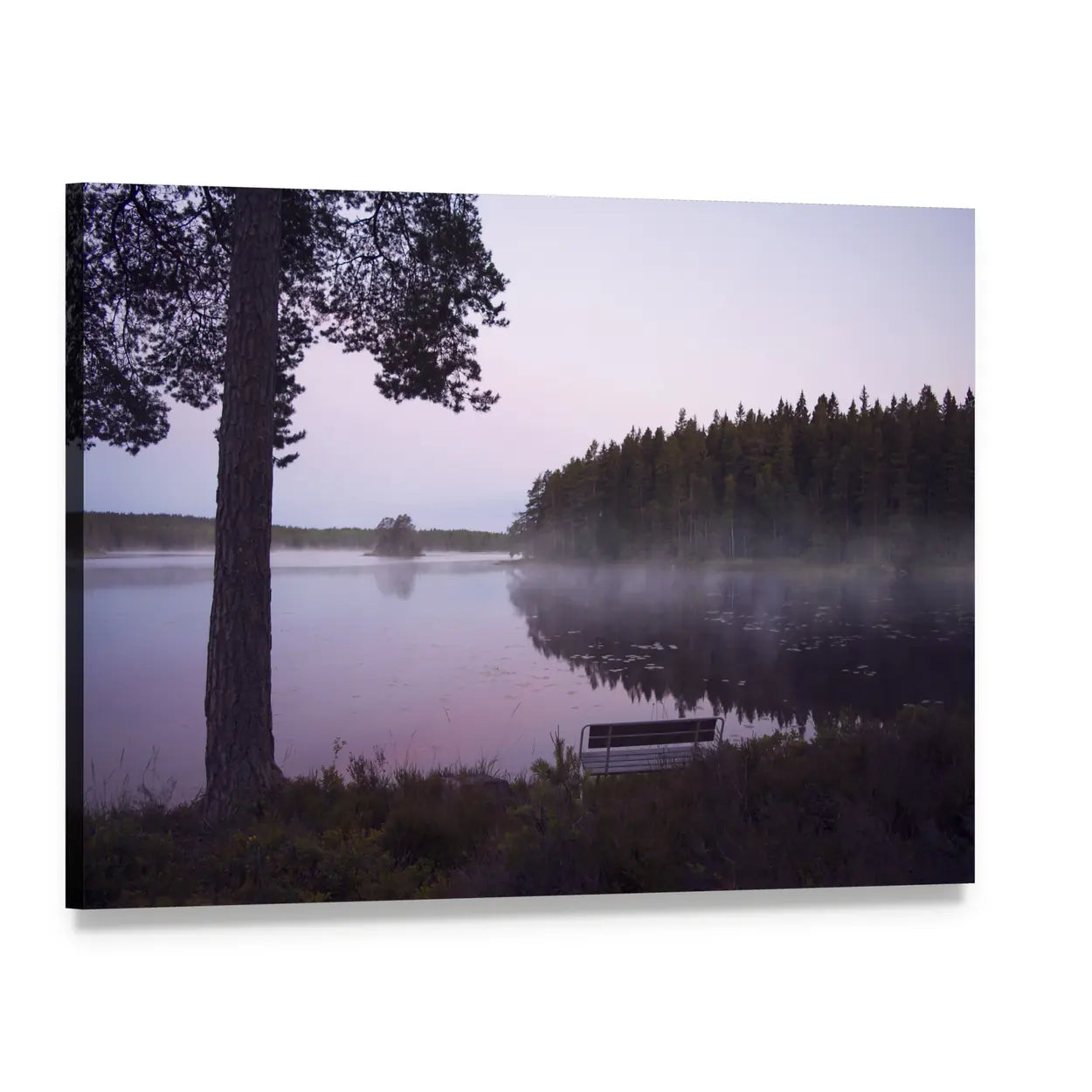 Misty Lake in Sweden Canvas Wall Art, single panel gallery wrapped canvas, angled product view
