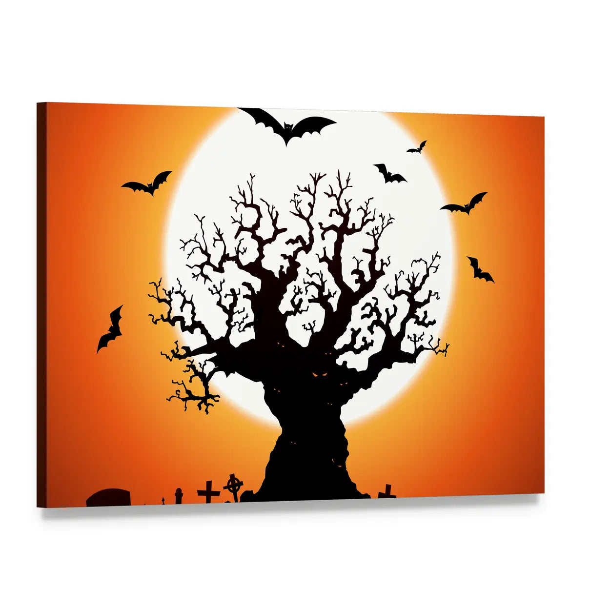 Gnarled Tree and Graveyard at Full Moon Canvas Wall Art, single panel gallery wrapped canvas, angled product view