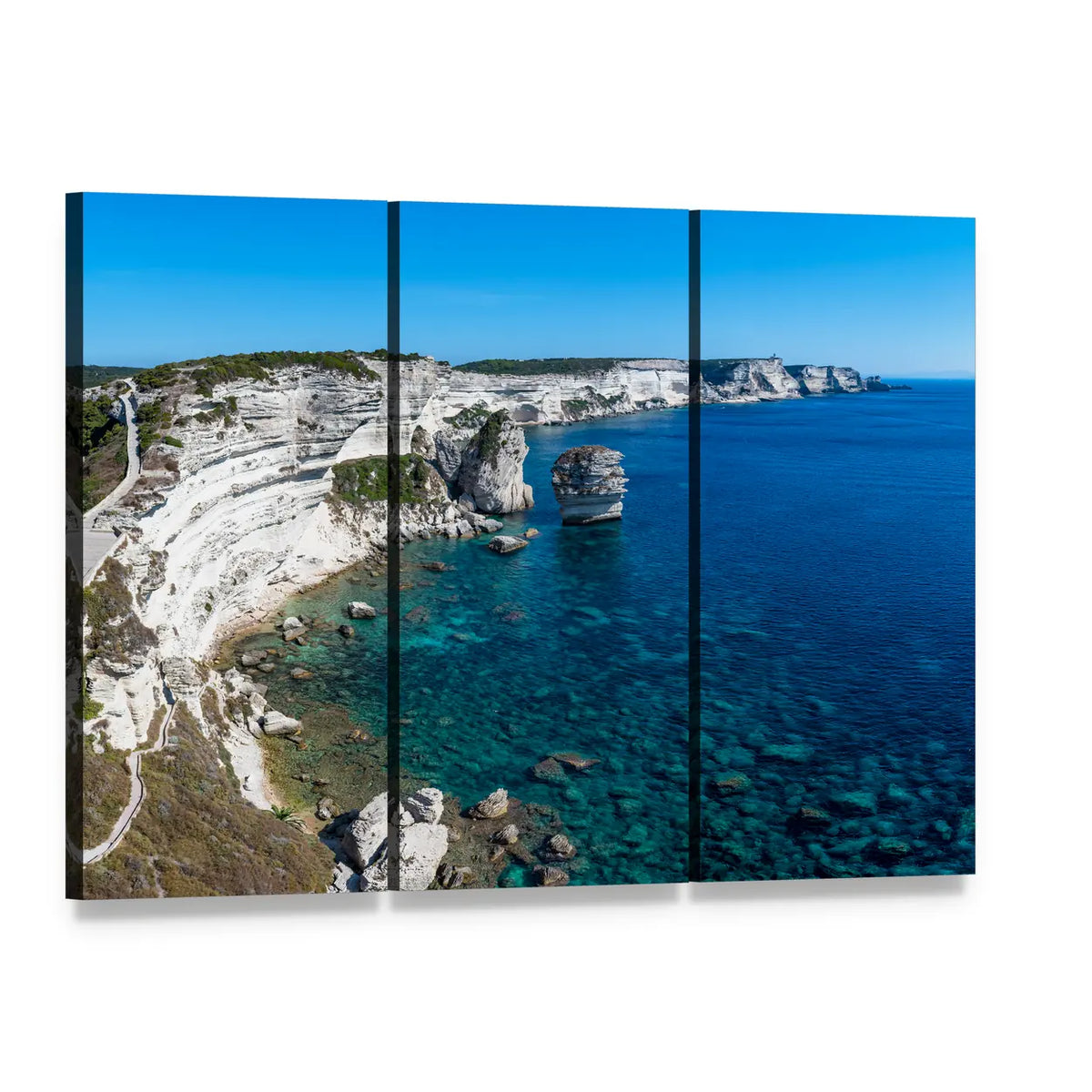 Cliffs of Bonifacio with Turquoise Water Canvas Wall Art, 3 panel 3 Horizontal layout gallery wrapped canvas set, angled product view