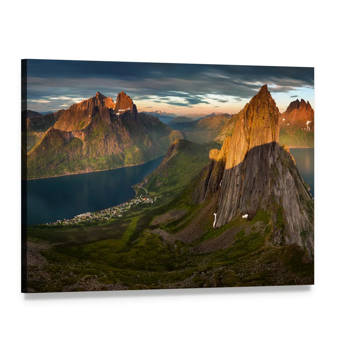 Sunset Over Fjord and Mountain Village Canvas Wall Art, single panel gallery wrapped canvas, angled product view