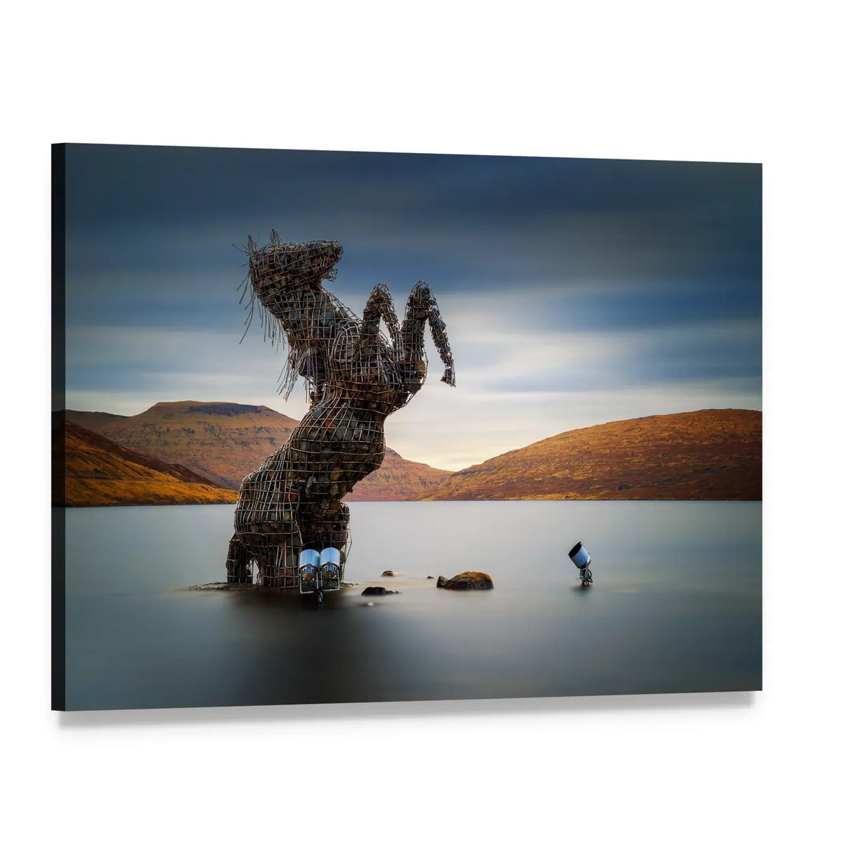 Metal Horse Sculpture at Calm Lake Canvas Wall Art, single panel gallery wrapped canvas, angled product view