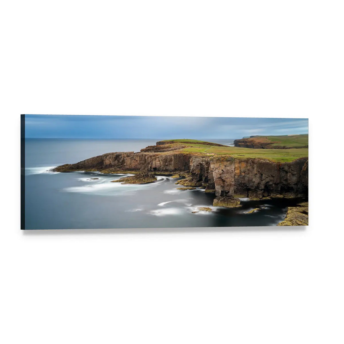 Yesnaby Cliffs with Castle Rock Panoramic Canvas Wall Art, single panel gallery wrapped canvas, angled product view