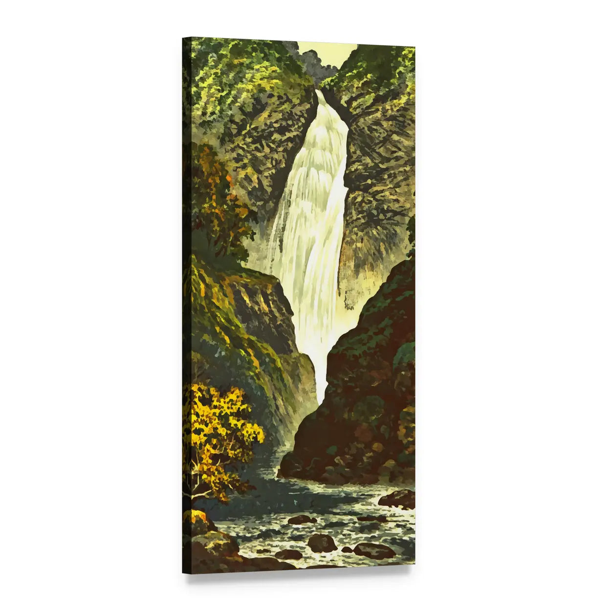 Lush Waterfall and River Painting Vertical Canvas Wall Art, 1 panel 1 Vertical layout gallery wrapped canvas set, angled product view