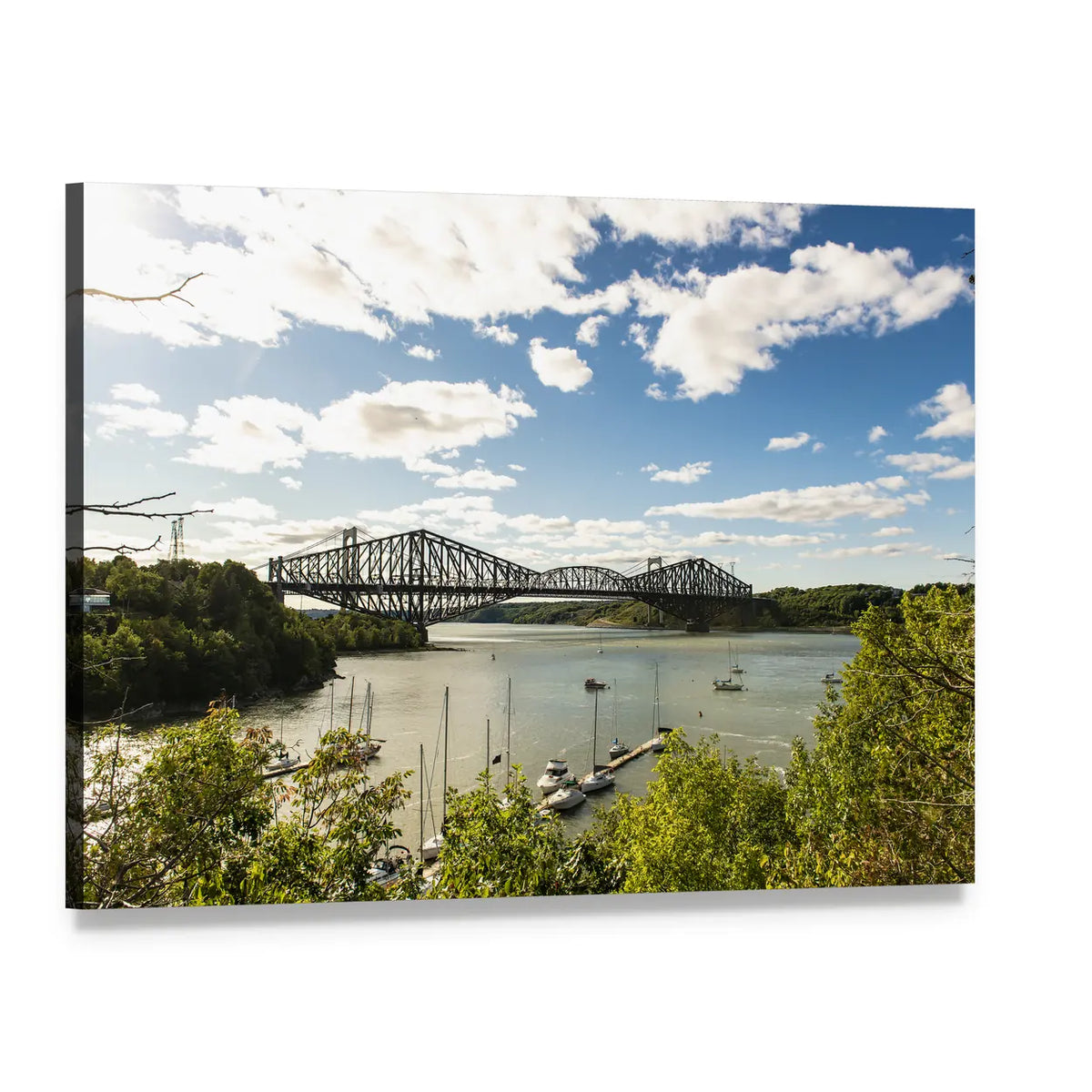 Metal Truss Bridge with Sailboats Canvas Wall Art, single panel gallery wrapped canvas, angled product view