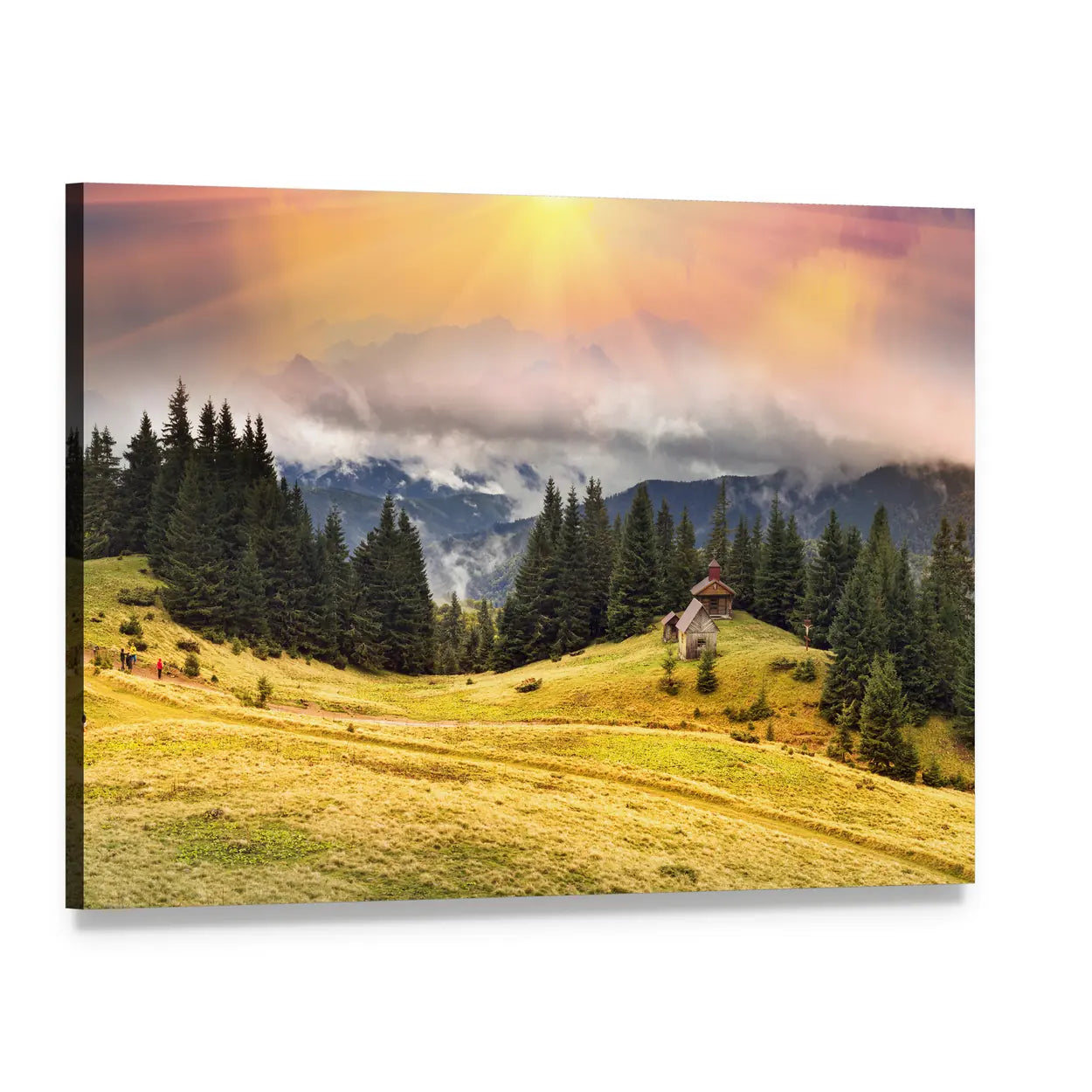 Autumn Chapel on Mountain Meadow Canvas Wall Art, single panel gallery wrapped canvas, angled product view