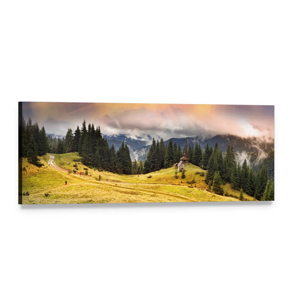 Autumn Mountain Trek at Sunrise Panoramic Canvas Wall Art, single panel gallery wrapped canvas, angled product view