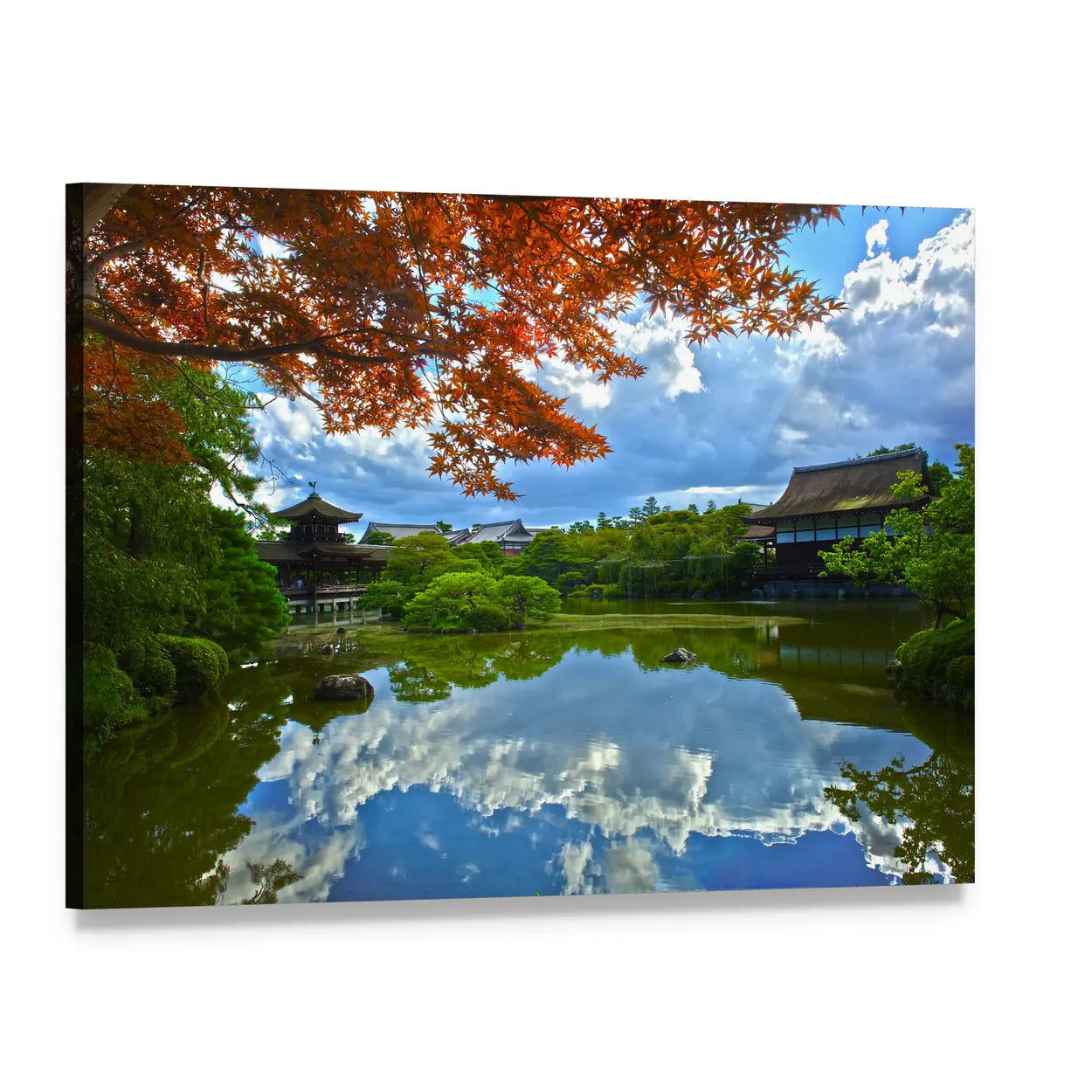 Japanese Garden with Autumn Pond Reflection Canvas Wall Art, single panel gallery wrapped canvas, angled product view