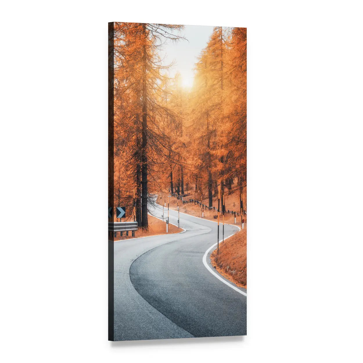 Winding Road Through Autumn Forest at Sunset Vertical Canvas Wall Art, 1 panel 1 Vertical layout gallery wrapped canvas set, angled product view