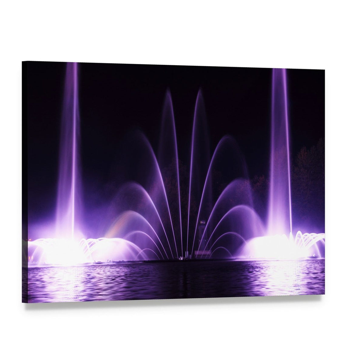 Enchanted Purple Fountains at Night Canvas Wall Art, single panel gallery wrapped canvas, angled product view