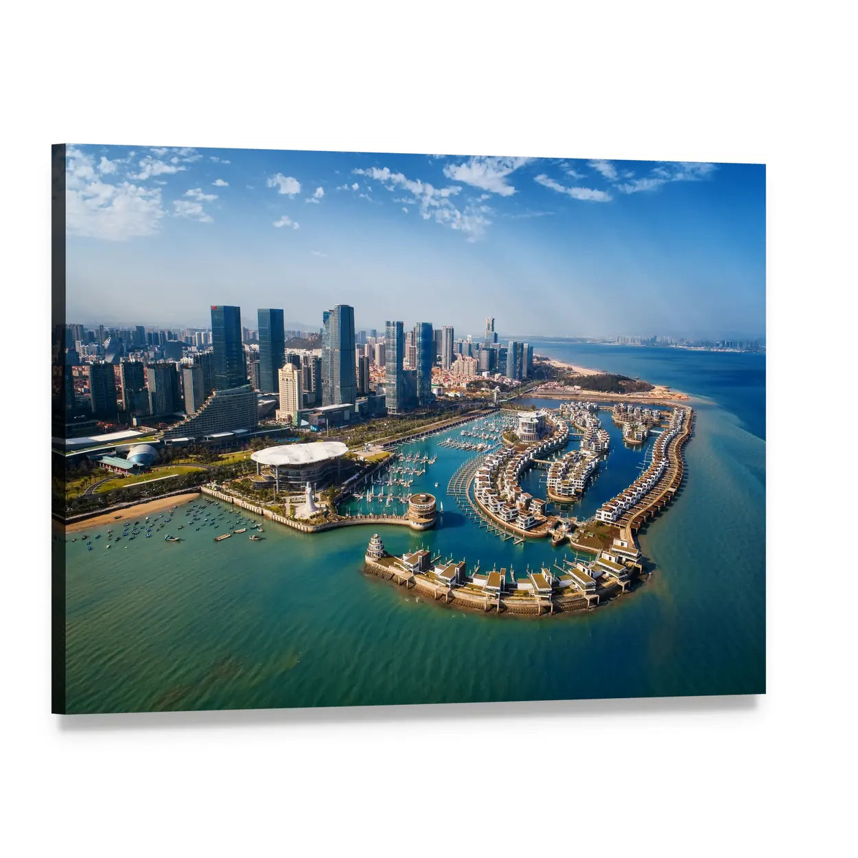 Xiamen Aerial Marina Skyline Canvas Wall Art, single panel gallery wrapped canvas, angled product view