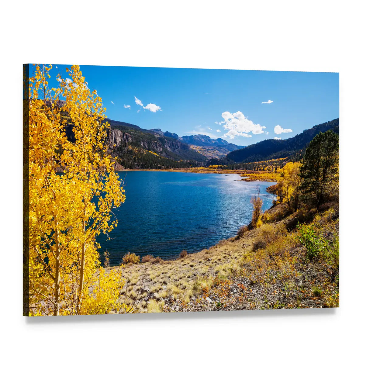 Autumn Lake with Rugged Mountain Peaks Canvas Wall Art, single panel gallery wrapped canvas, angled product view