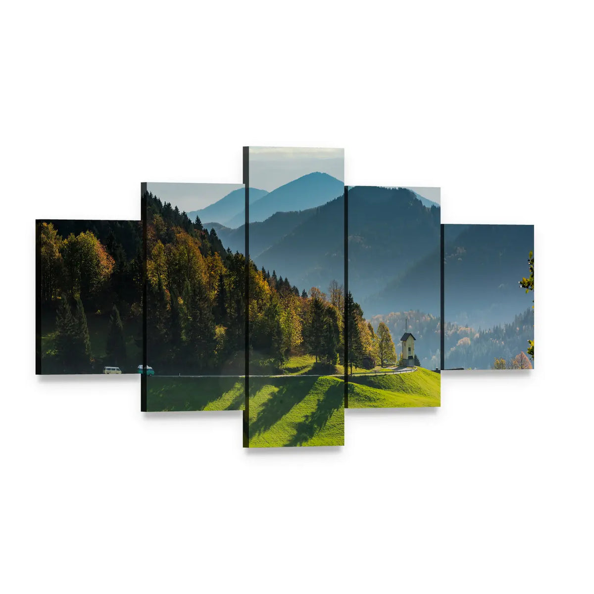 Green Pastures and Layered Mountains Canvas Wall Art, 5 panel 5 Star layout gallery wrapped canvas set, angled product view