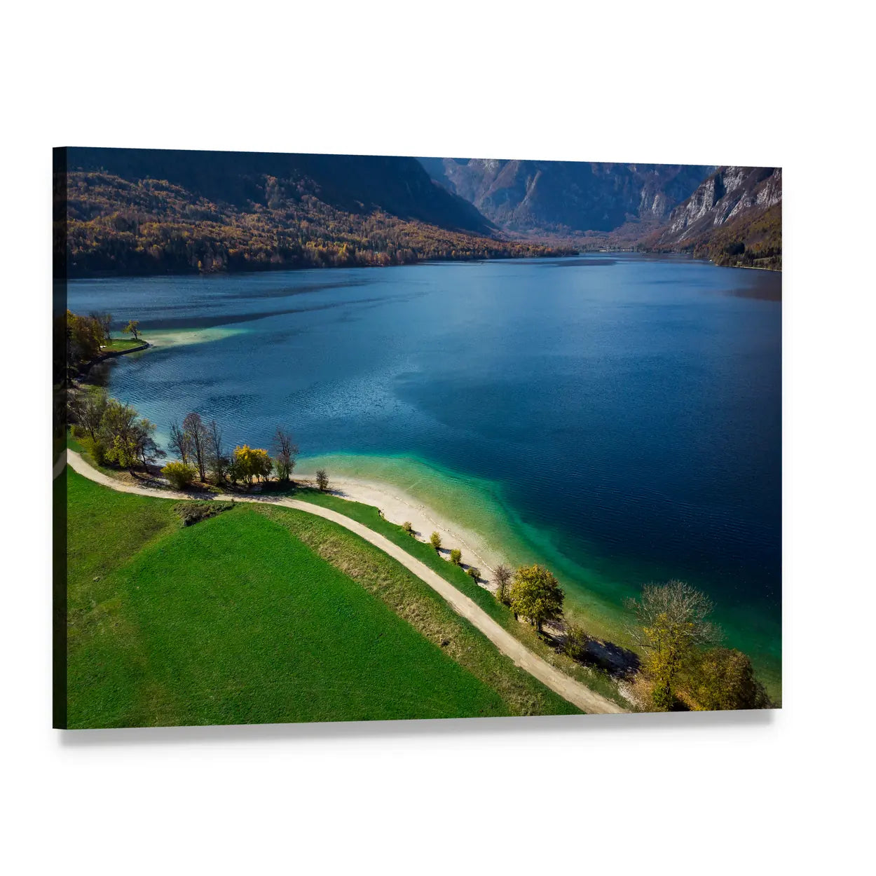 Bohinj Lake Shoreline, Slovenia Canvas Wall Art, single panel gallery wrapped canvas, angled product view