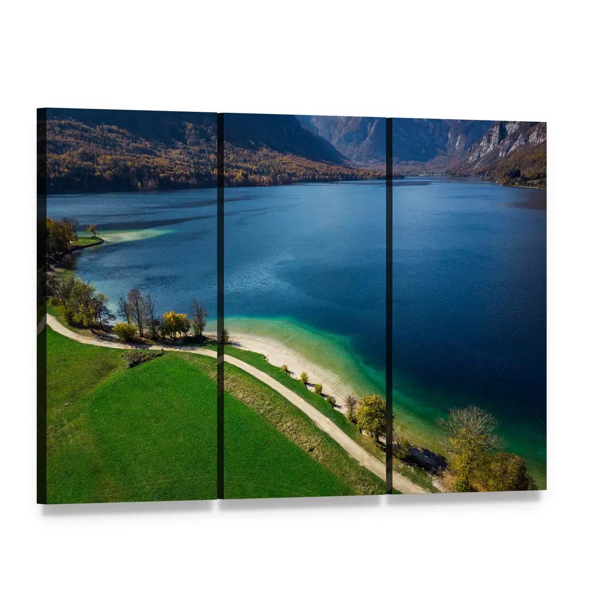 Bohinj Lake Slovenia Canvas Wall Art, 3 panel 3 Horizontal layout gallery wrapped canvas set, angled product view