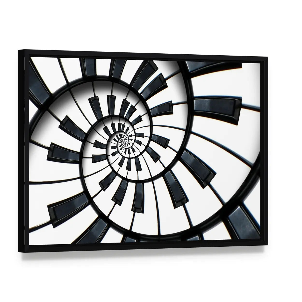 Spiral Piano Keyboard Canvas Wall Art, framed canvas in a black floater frame, angled product view