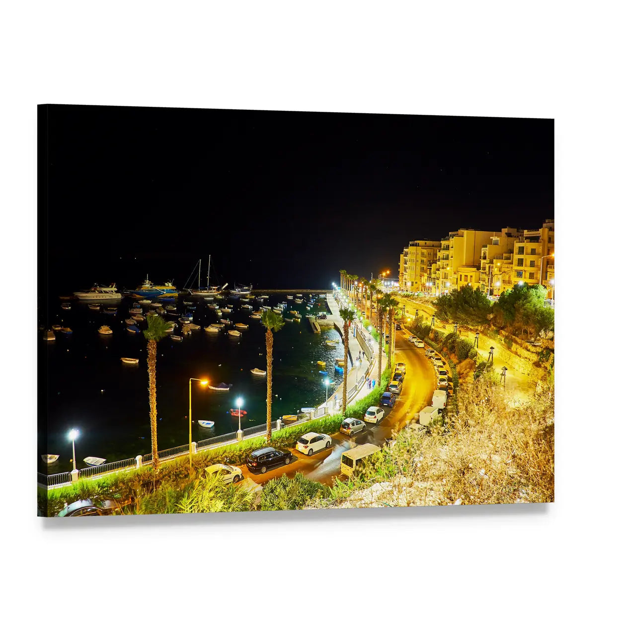 Malta Night Harbor with Winding Coastal Road Canvas Wall Art, single panel gallery wrapped canvas, angled product view