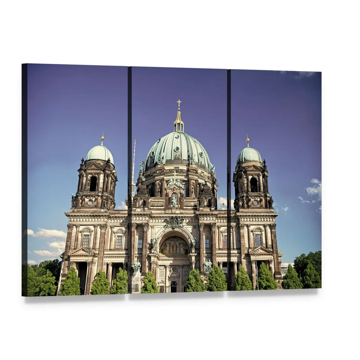 Berlin Cathedral Dome and Towers Canvas Wall Art, 3 panel 3 Horizontal layout gallery wrapped canvas set, angled product view