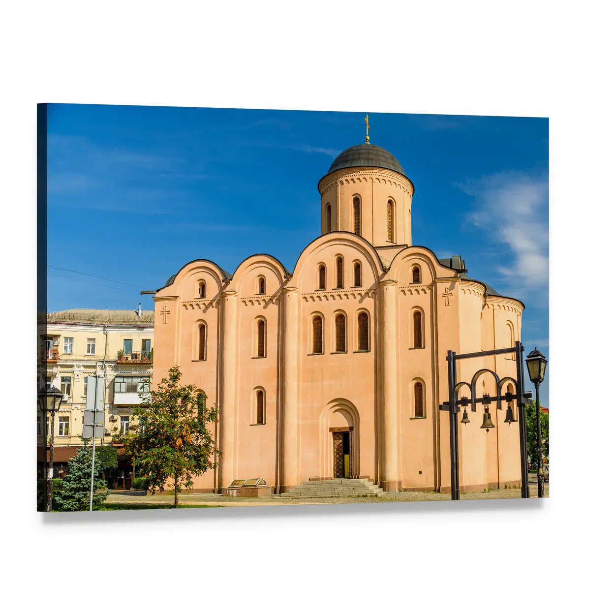 Symmetrical Church Dome and Bell Tower Canvas Wall Art, single panel gallery wrapped canvas, angled product view
