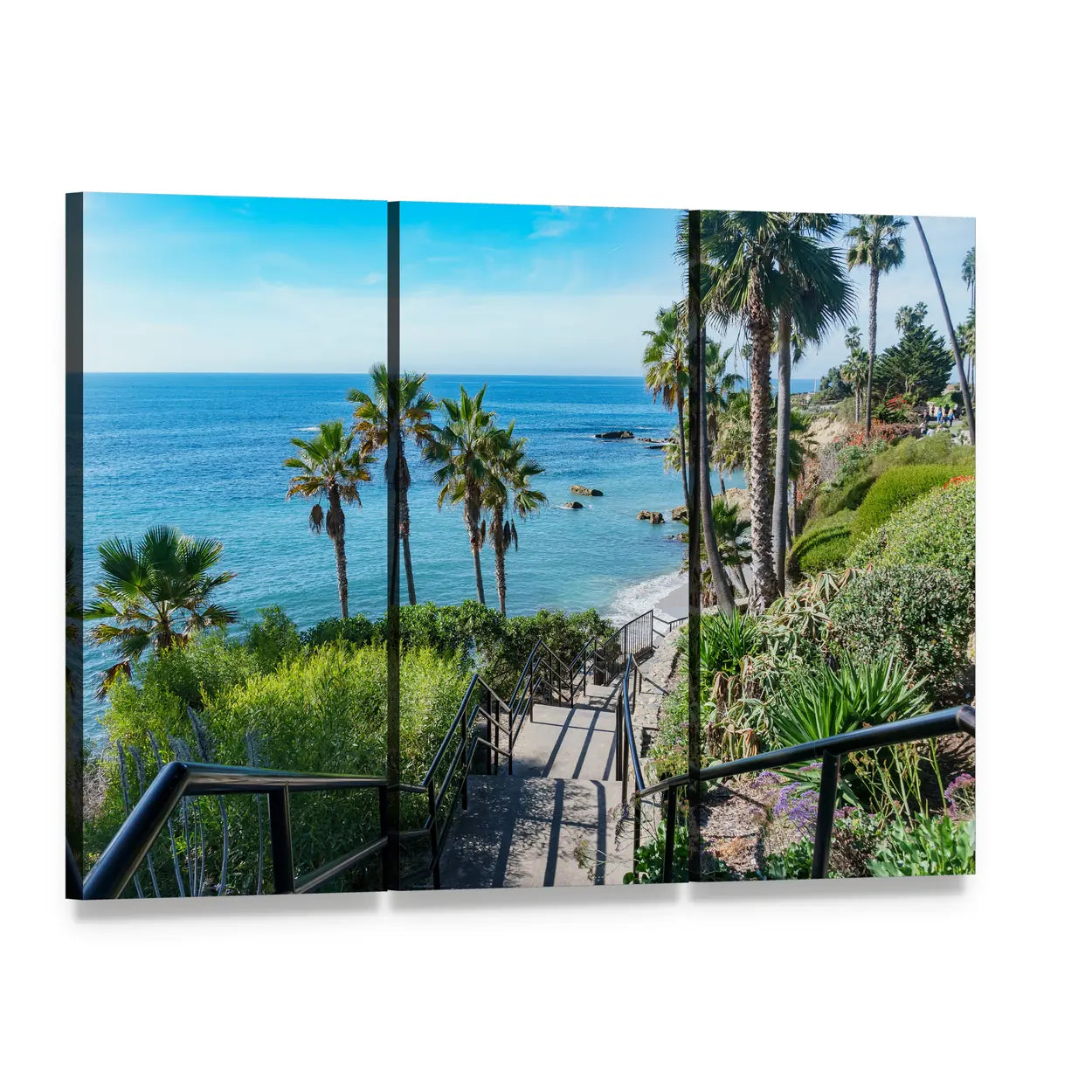 Laguna Beach Staircase to Tropical Shore Canvas Wall Art, 3 panel 3 Horizontal layout gallery wrapped canvas set, angled product view