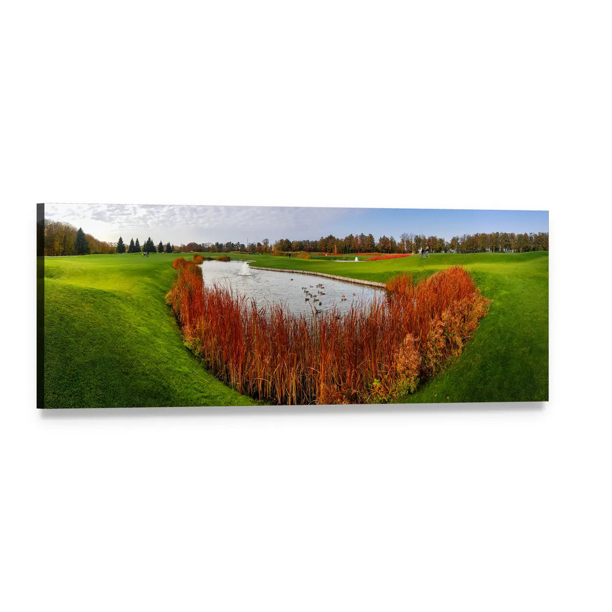 Autumn Pond on Golf Course Panoramic Canvas Wall Art, single panel gallery wrapped canvas, angled product view