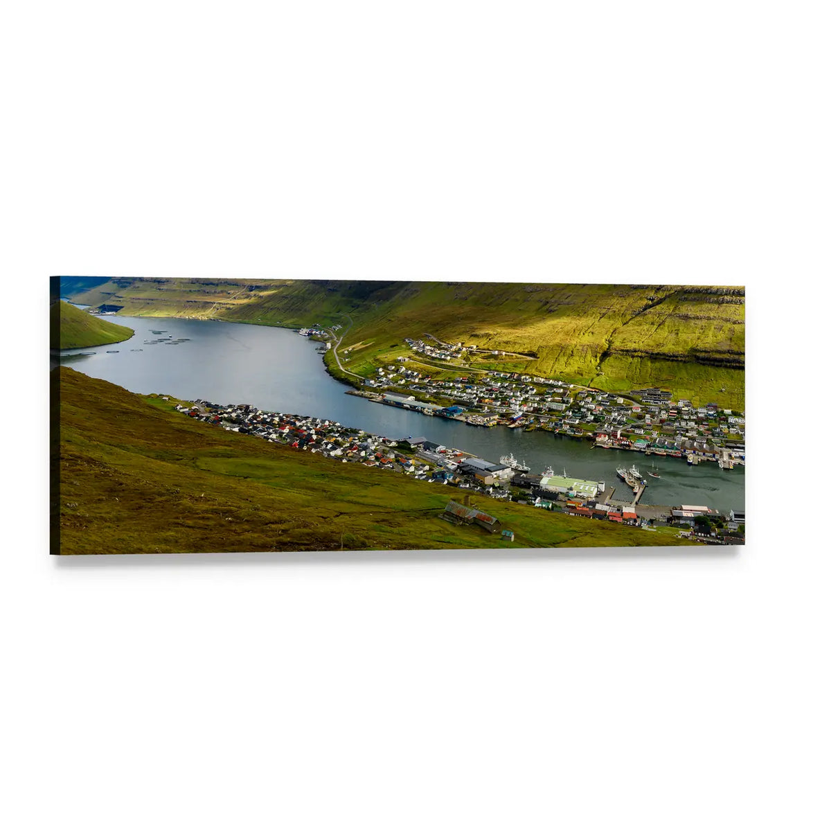 Settlement on Bordoy Panoramic Canvas Wall Art, single panel gallery wrapped canvas, angled product view