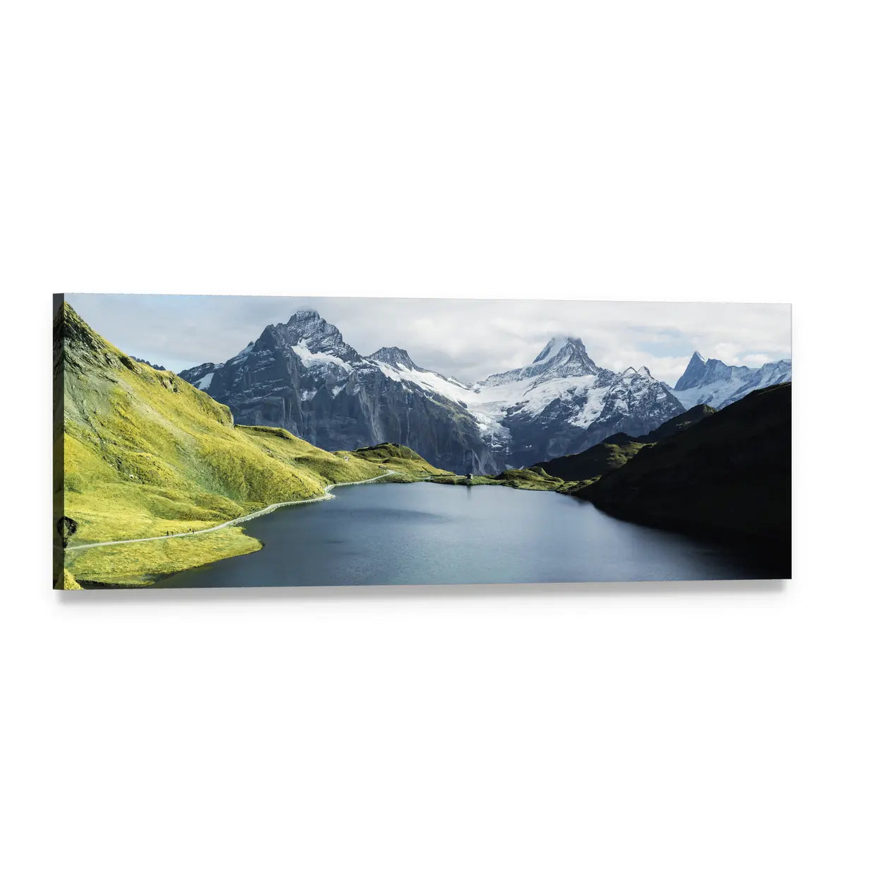 Swiss Alpine Lake with Snow-capped Peaks Panoramic Canvas Wall Art, single panel gallery wrapped canvas, angled product view