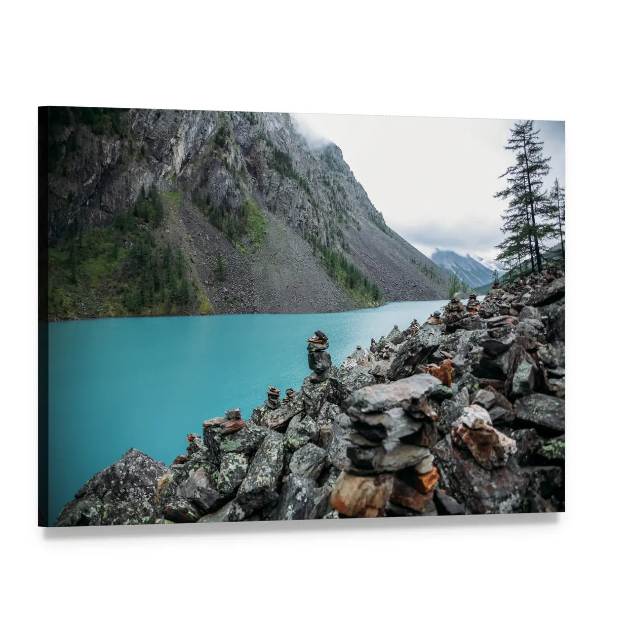 Turquoise Glacial Lake with Rock Cairns Canvas Wall Art, single panel gallery wrapped canvas, angled product view