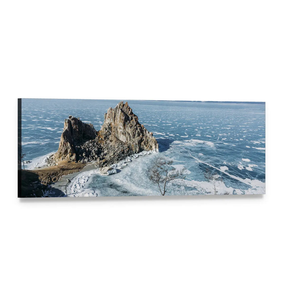 Rock Formations on Lake Baikal Panoramic Canvas Wall Art, single panel gallery wrapped canvas, angled product view