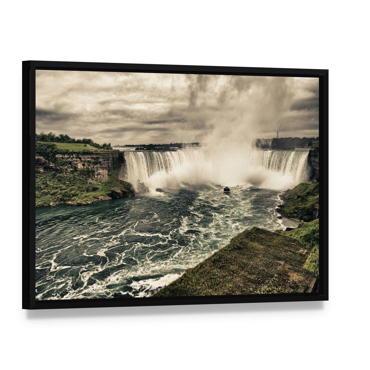 Power of Niagara Waterfalls Canvas Wall Art, framed canvas in a black floater frame, angled product view