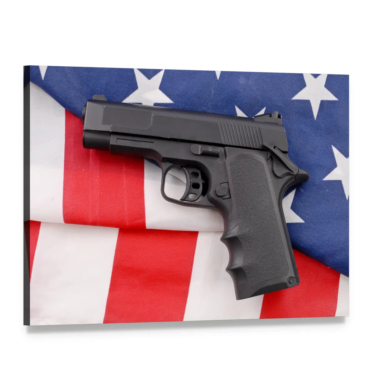 Semi-automatic Pistol with American Flag Canvas Wall Art, single panel gallery wrapped canvas, angled product view