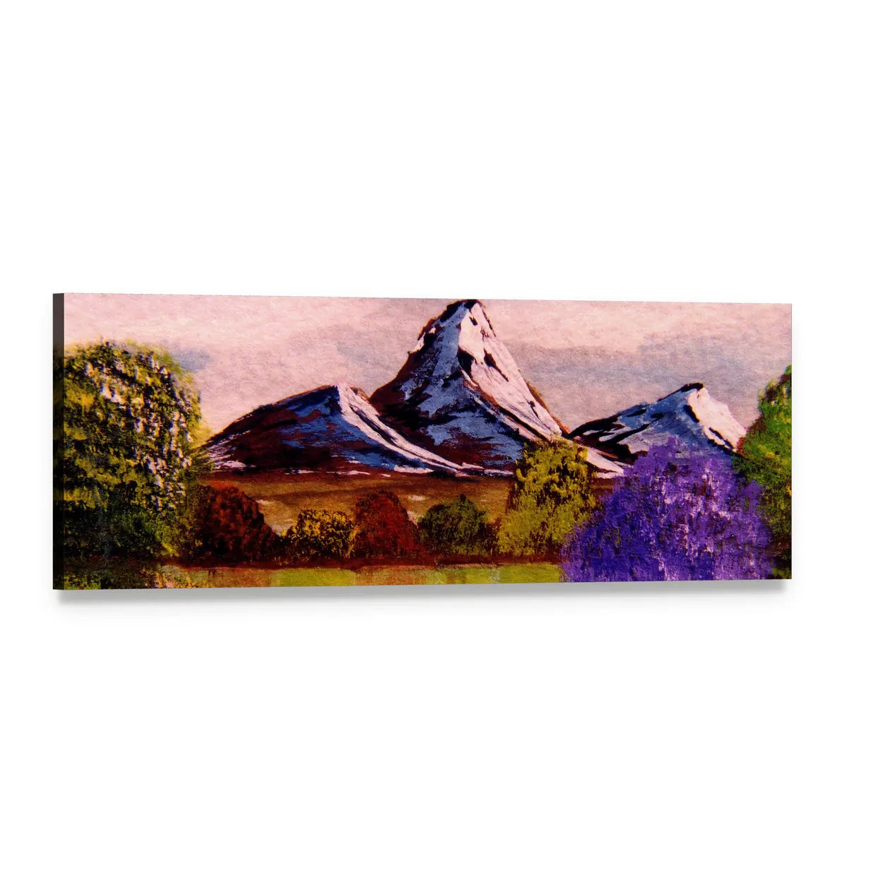 Watercolor Mountain Sketch with Purple Tree Panoramic Canvas Wall Art, single panel gallery wrapped canvas, angled product view