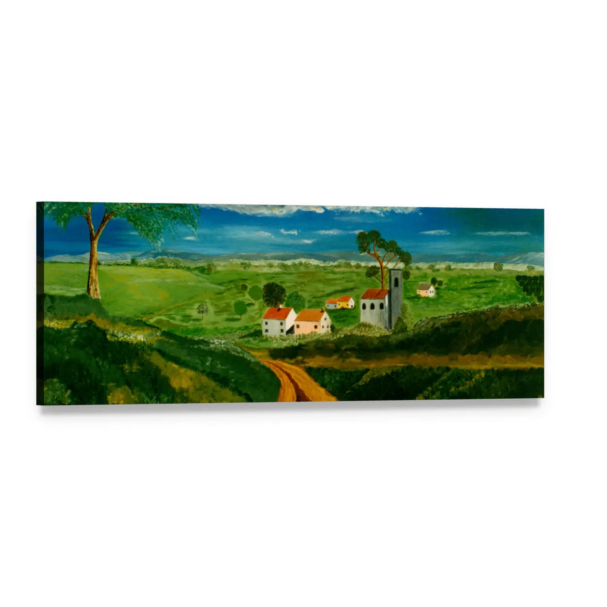 Oil Painting of Village Landscape Panoramic Canvas Wall Art, single panel gallery wrapped canvas, angled product view