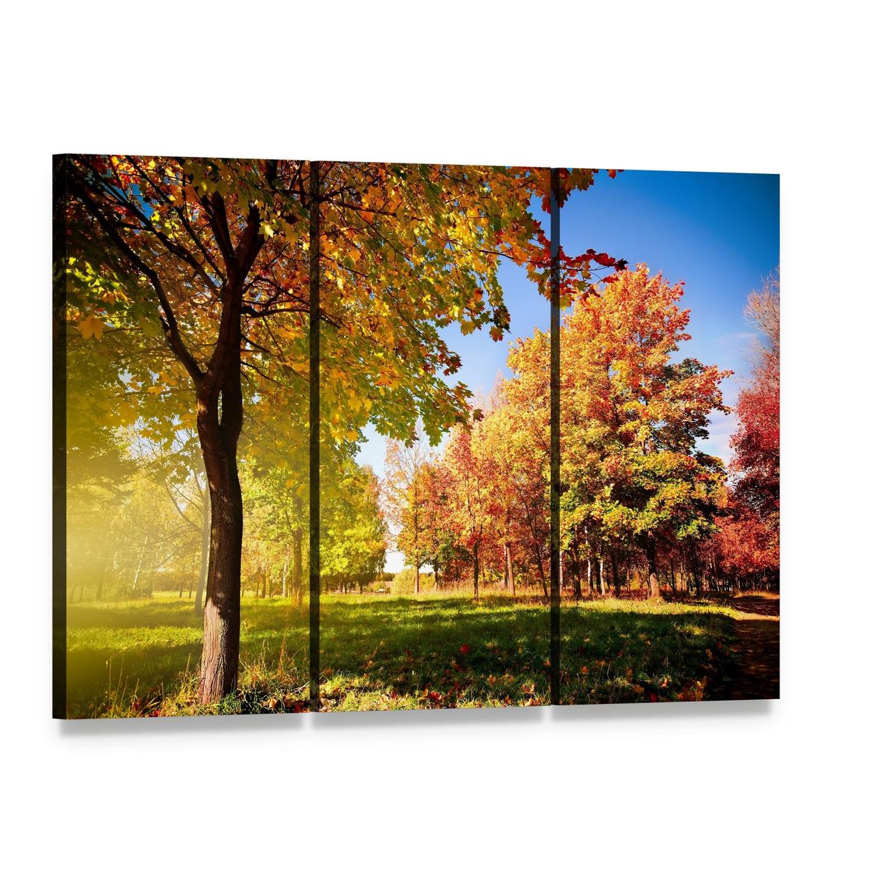 Park View in Autumn Canvas Wall Art, 3 panel 3 Horizontal layout gallery wrapped canvas set, angled product view