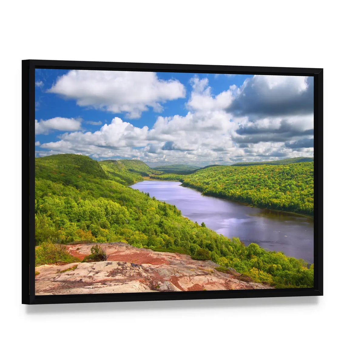 Lake of the Clouds Landscape Canvas Wall Art, framed canvas in a black floater frame, angled product view