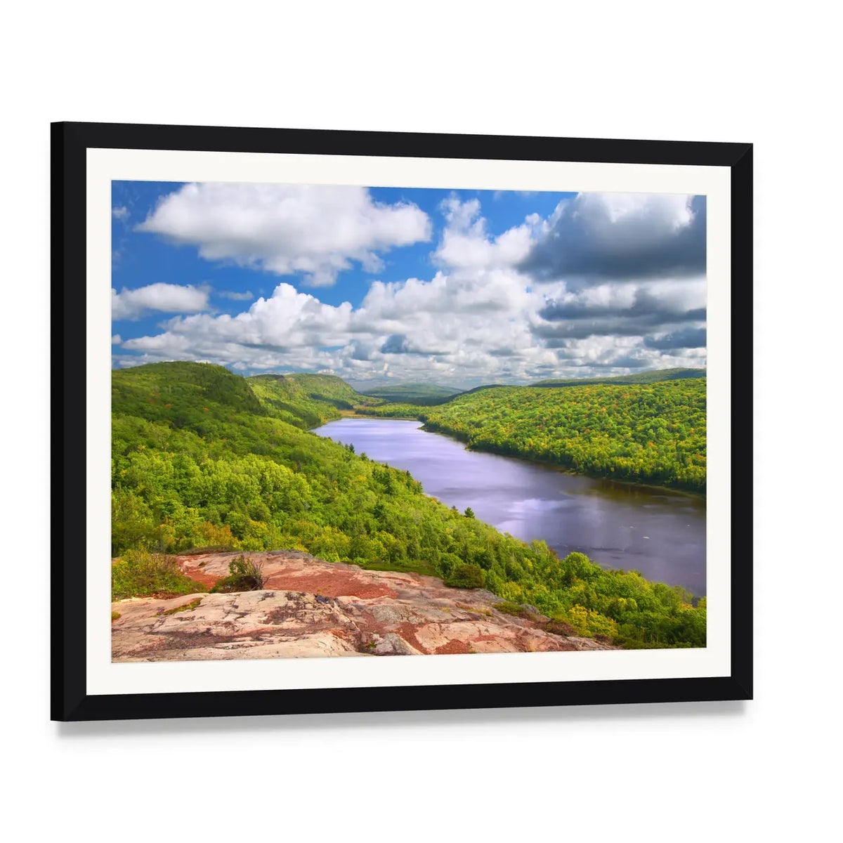 Lake of the Clouds Landscape Canvas Wall Art, framed print with white mat and black frame, angled product view