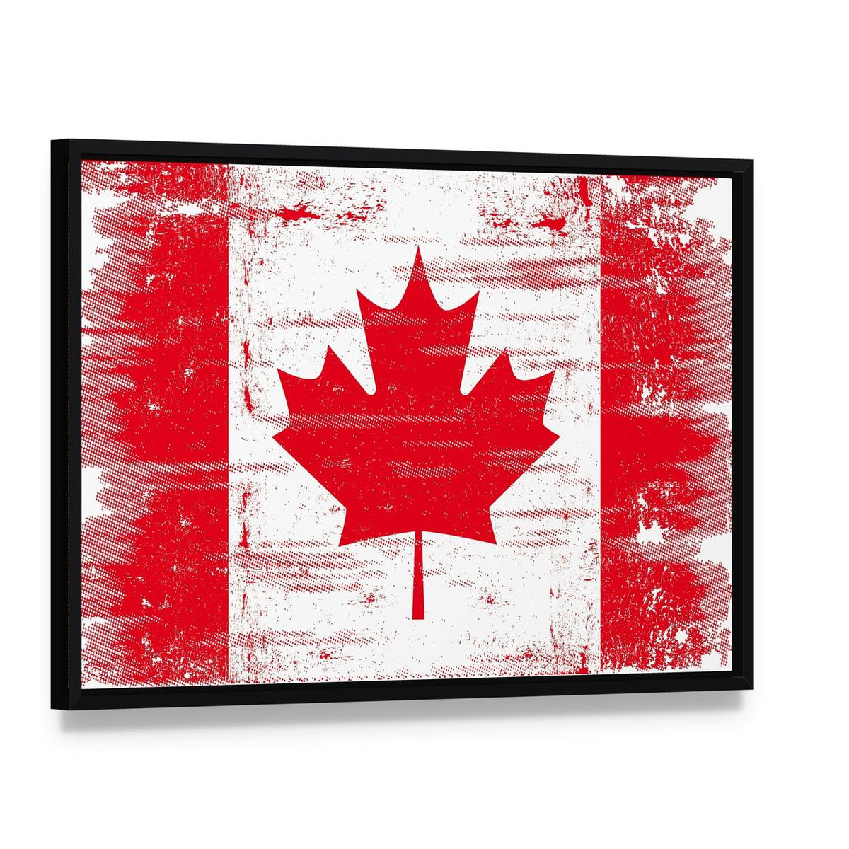 Distressed Canadian Flag Canvas Wall Art, framed canvas in a black floater frame, angled product view