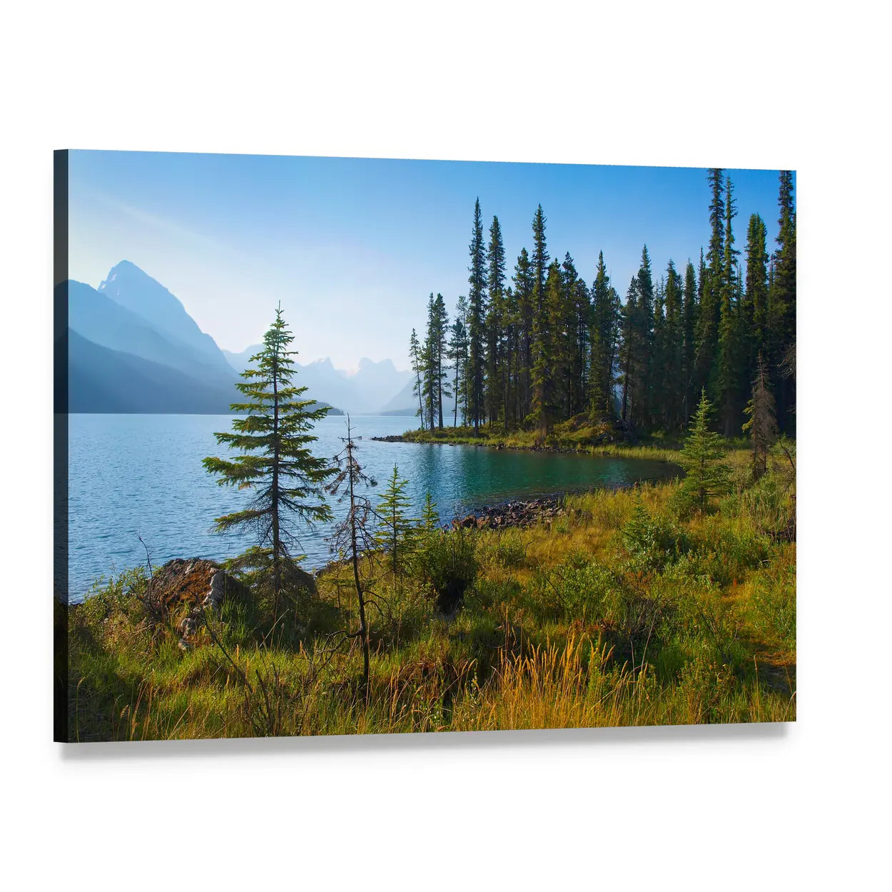 Morning on Mountain Lake Canvas Wall Art, single panel gallery wrapped canvas, angled product view