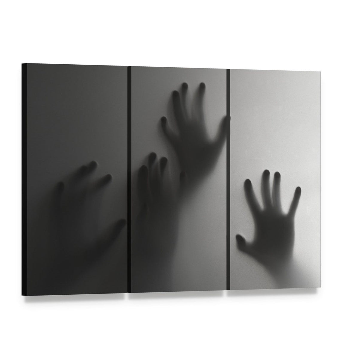 Silhouettes of Hands on Frosted Surface Canvas Wall Art, 3 panel 3 Horizontal layout gallery wrapped canvas set, angled product view