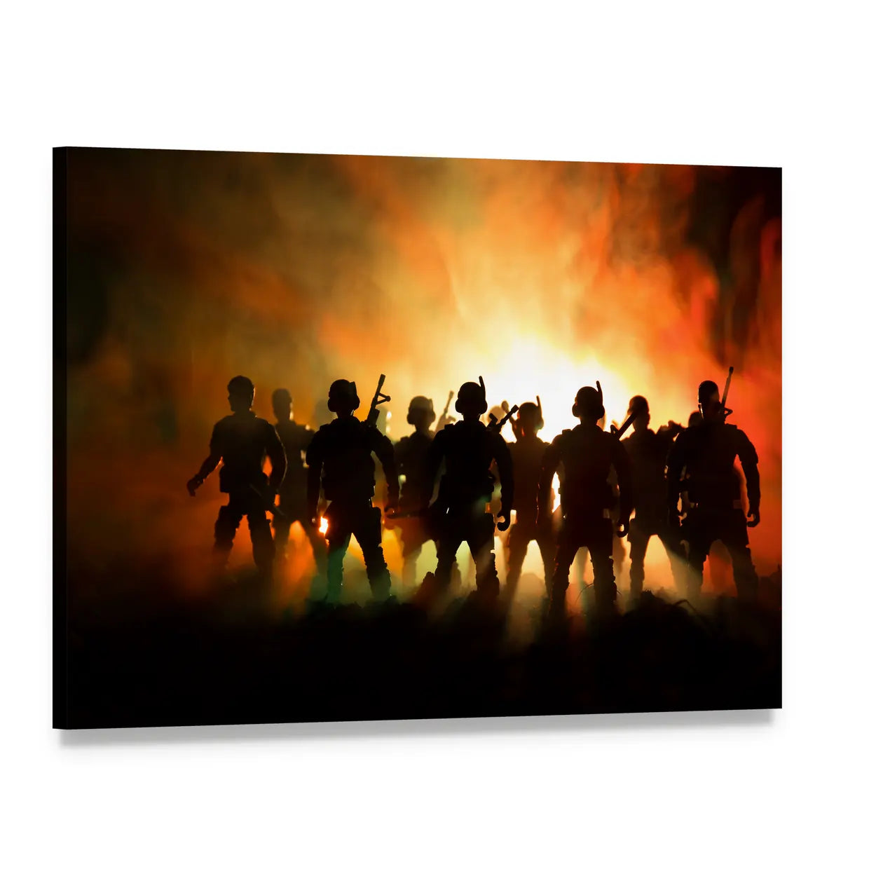 Military Silhouettes in Amber Haze Canvas Wall Art, single panel gallery wrapped canvas, angled product view