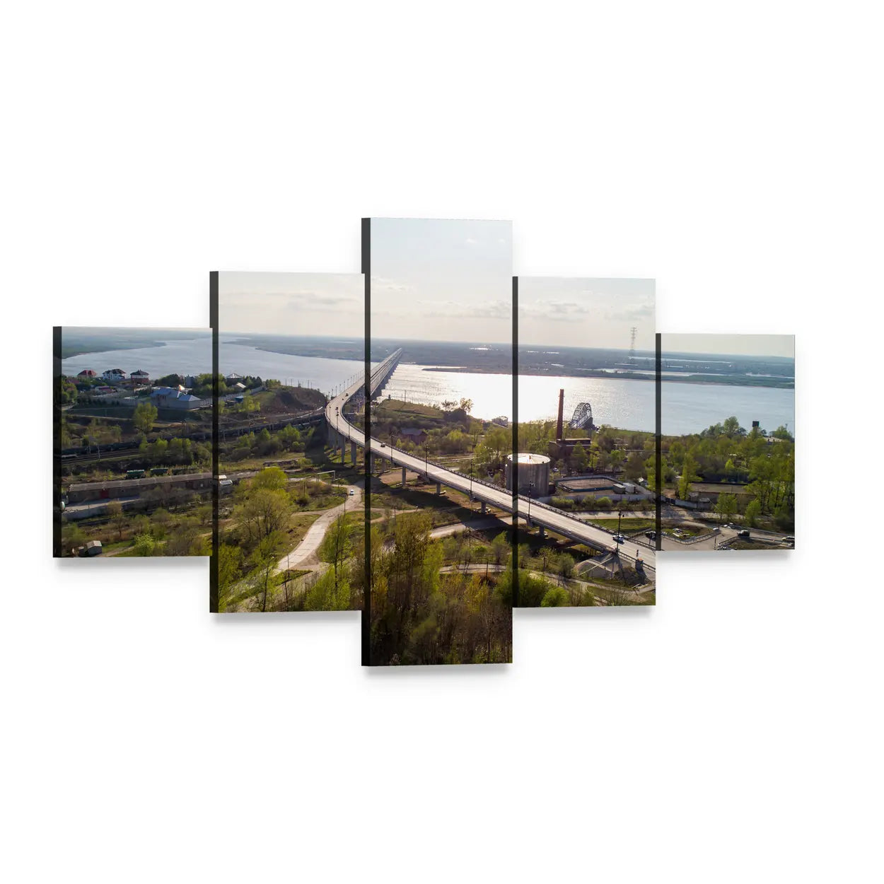 Khabarovsk Bridge Aerial View Canvas Wall Art, 5 panel 5 Star layout gallery wrapped canvas set, angled product view