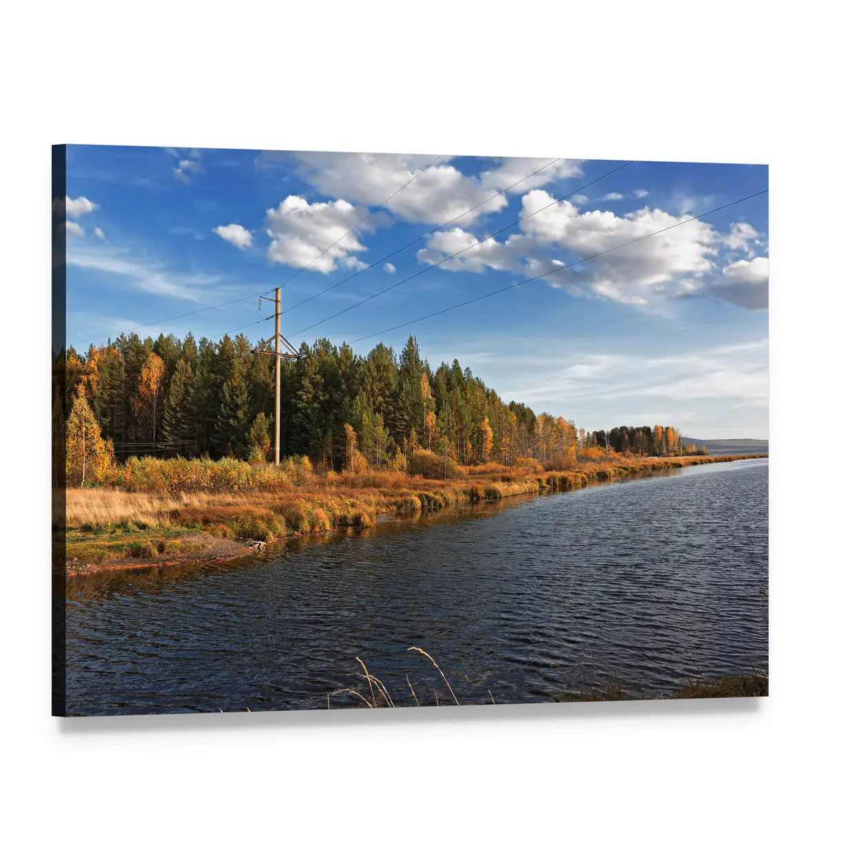 Autumn River Through Forest Canvas Wall Art, single panel gallery wrapped canvas, angled product view